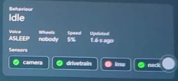Orio's status panel: behaviour Idle, voice asleep, wheels driven by nobody, speed 5%, and sensor badges for camera, drivetrain, IMU and neck
