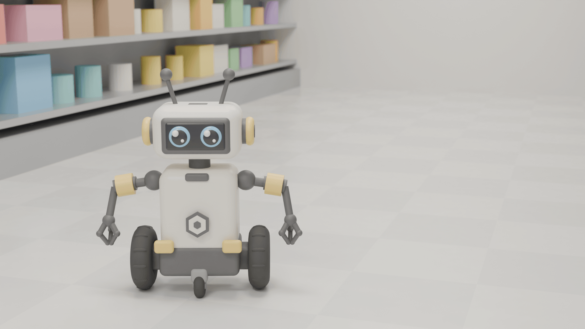 Orio, a friendly wheeled assistant robot, waiting beside a shelf in a store aisle.